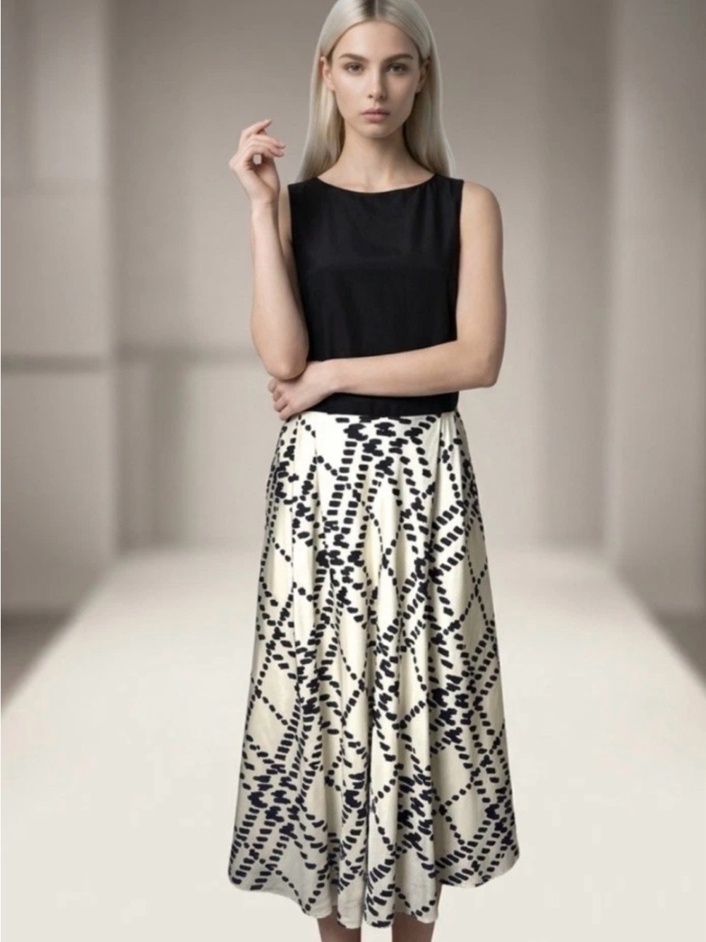 Lilly Pulitzer Silk Dress Black Top with Cream and Black Printed Skirt